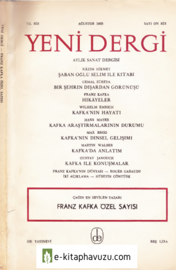 Yeni Dergi Yıl 1965Sayı 11 Ağustos 1965 Franz Kafka Özel Sayısı